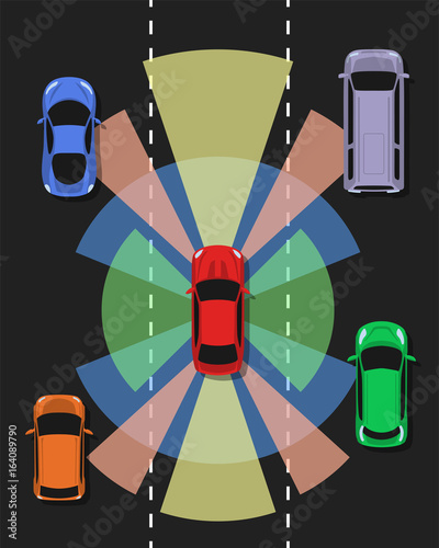 Autonomous car top view. Self driving vehicle with radar sensing system. Driverless automobile on road. Vector illustration.