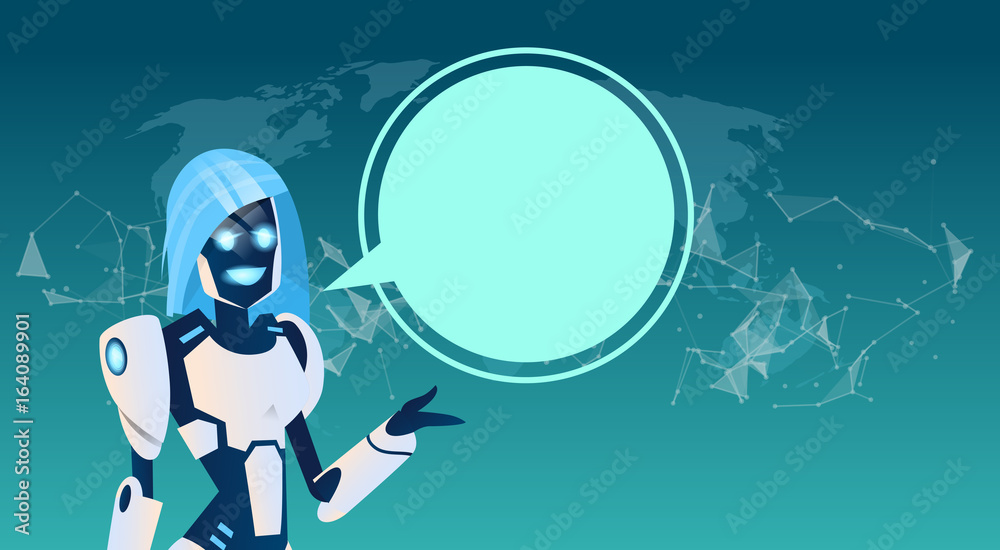 Fototapeta premium Modern Robot With Chat Bubble Over World Map Artificial Intelligence Technology Flat Vector Illustration