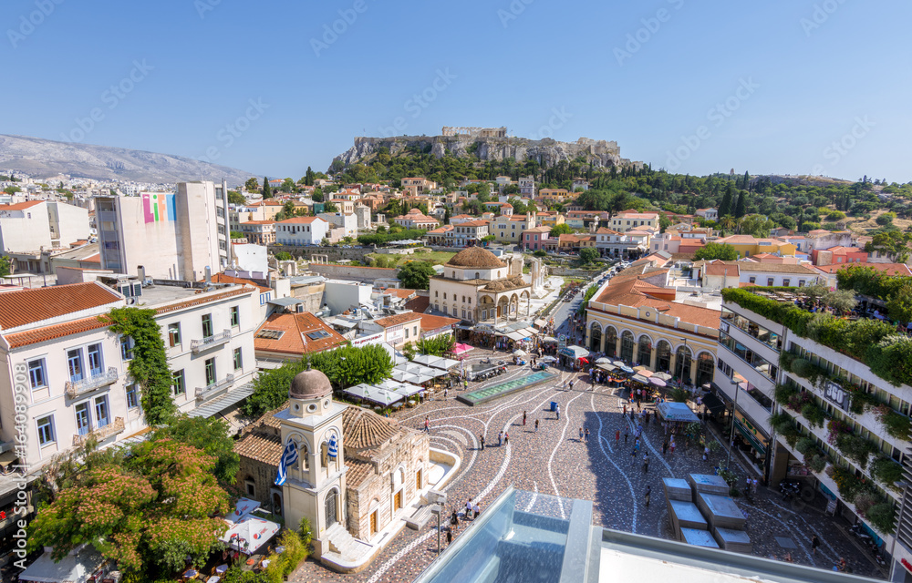 Fototapeta premium Monastiraki square as seen from a high point of view. Akropolis and plaka in the background