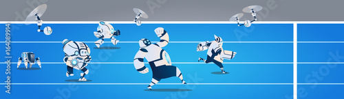 Modern Robots Team Running On Sport Group Artificial Intelligence Technology Flat Vector Illustration