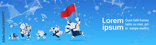 Modern Robots Team Running Hold Flag Artificial Intelligence Technology Flat Vector Illustration