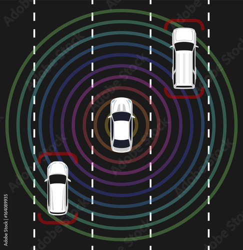 Autonomous car top view. Self driving vehicle with radar sensing system. Driverless automobile on road. Vector illustration.