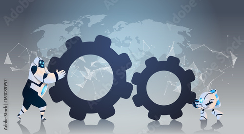 Modern Robots Pushing Cog Wheel Together Artificial Intelligence Technology Robotic Cooperation Concept Flat Vector Illustration