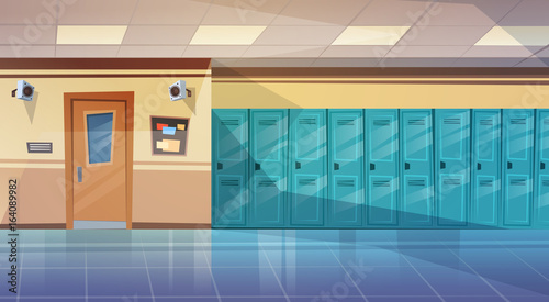 Empty School Corridor Interior With Row Of Lockers Horizontal Banner Flat Vector Illustration