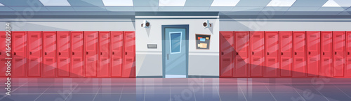 Empty School Corridor Interior With Row Of Lockers Horizontal Banner Flat Vector Illustration