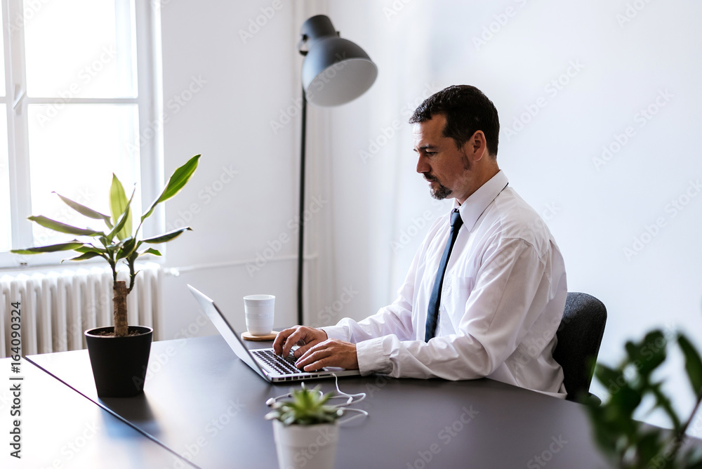 Middle aged businessman using computer at office desk. Middle aged businessman using computer at office desk.