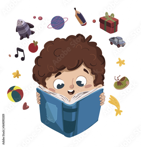 Niño leyendo un libro imaginando cosas