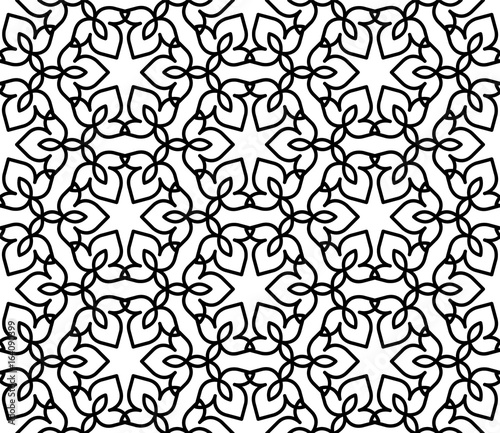 Black and white background. Regular pattern with Moroccan-styled floral elements. Vector seamless repeat. 