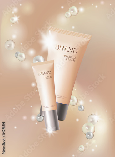 Light pearl cosmetic ad design template. Delicate beige silver skin care package tube glass. Bubble blurry defocuced background promotional banner vector illustration