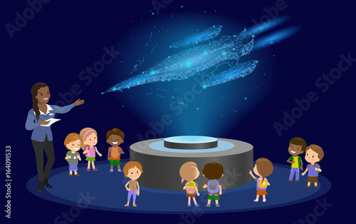 Innovation education elementary school african brown skin black hair group of kids planetarium science spaceship hologram on space future museum center. vector illustration.