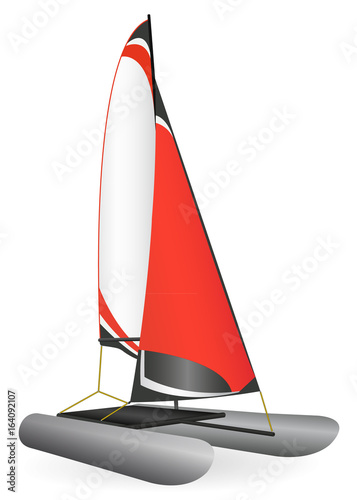 Vector illustration of a red inflatable sailing catamaran.