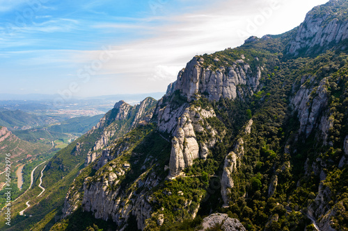 Montserat rocks with near Santa Maria de Montserrat abbey in Spain