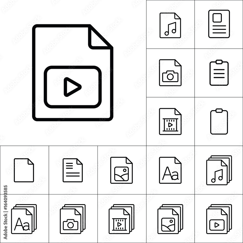 thin line video file, play icon, different type file icons set on white background