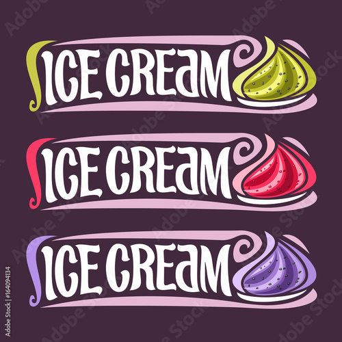 Vector set labels for fruit Ice Cream: 3 colorful vintage stickers for gooseberry, raspberry and blueberry dessert, lettering title - ice cream, for cold whipped creamy berry ice cream with chia seeds
