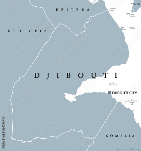 Djibouti political map with capital Djibouti City. Republic and country in the Horn of Africa with coastline along the Red Sea. Gray illustration isolated on white background. English labeling. Vector photo