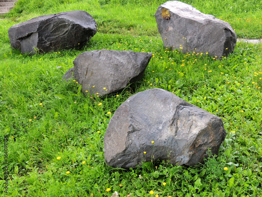 Boulders of shungite on lawn
Boulders of shungite on lawn