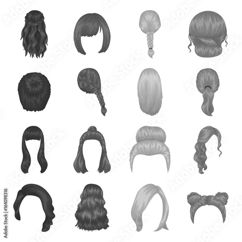 Quads, blond braids and other types of hairstyles. Back hairstyle set collection icons in monochrome style vector symbol stock illustration web.