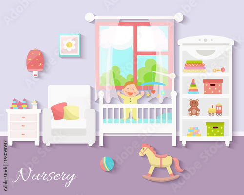 Baby room interior. Flat design. Newborn baby room with  shelf, toys, baby cot, armchair, bedside  table, chair and rug. Nursery room