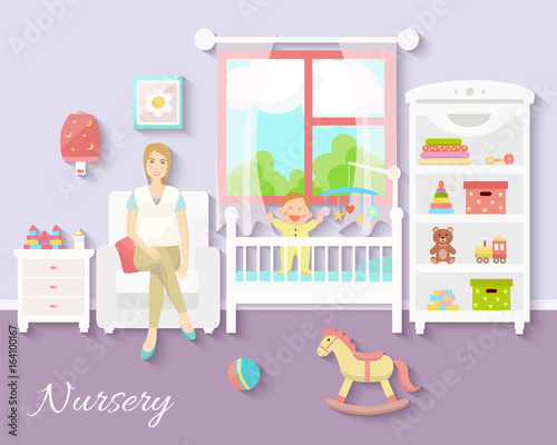 Baby room interior. Flat design. Newborn baby room with  shelf, toys, baby cot, armchair, bedside  table, chair and rug. Nursery room © Svetlana