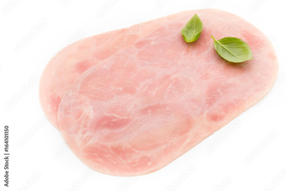 Thin slices of ham on white background.