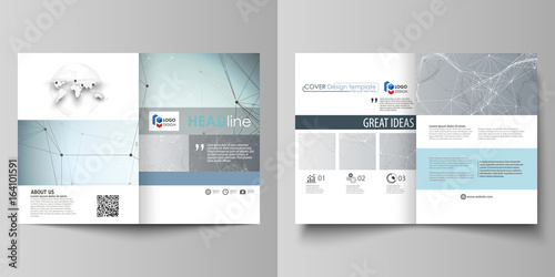 Business templates for bi fold brochure, flyer, report. Cover design template, vector flat layout in A4 size. Chemistry pattern, connecting lines and dots, molecule structure, medical DNA research.