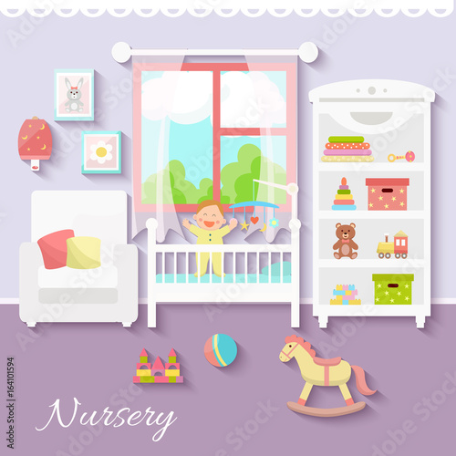 Baby room interior. Nursery room. Flat design.