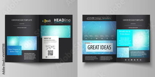 Business templates for bi fold brochure, flyer. Cover design template, vector layouts, A4 size. Chemistry pattern, connecting lines and dots, molecule structure, medical DNA research. Medicine concept