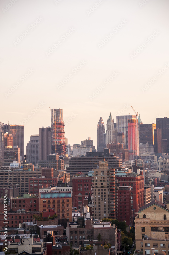 Red Manhattan skyline at sunset, New York