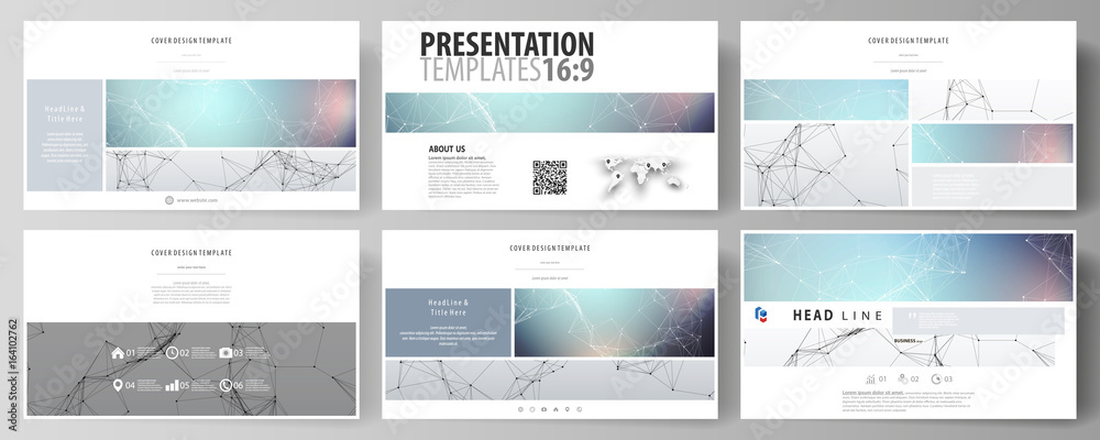 Business templates in HD format for presentation slides. Abstract vector layouts in flat design. Compounds lines and dots. Big data visualization in minimal style. Graphic communication background.