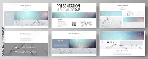 Business templates in HD format for presentation slides. Abstract vector layouts in flat design. Compounds lines and dots. Big data visualization in minimal style. Graphic communication background.