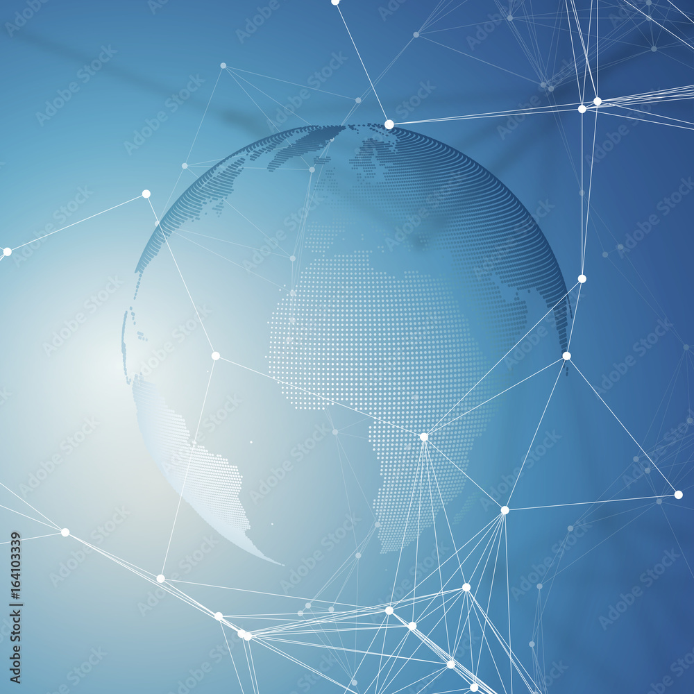 Naklejka premium Abstract futuristic network shapes. High tech HUD background, connecting lines and dots, polygonal linear texture. World globe on blue. Global network connections, geometric design, dig data concept.