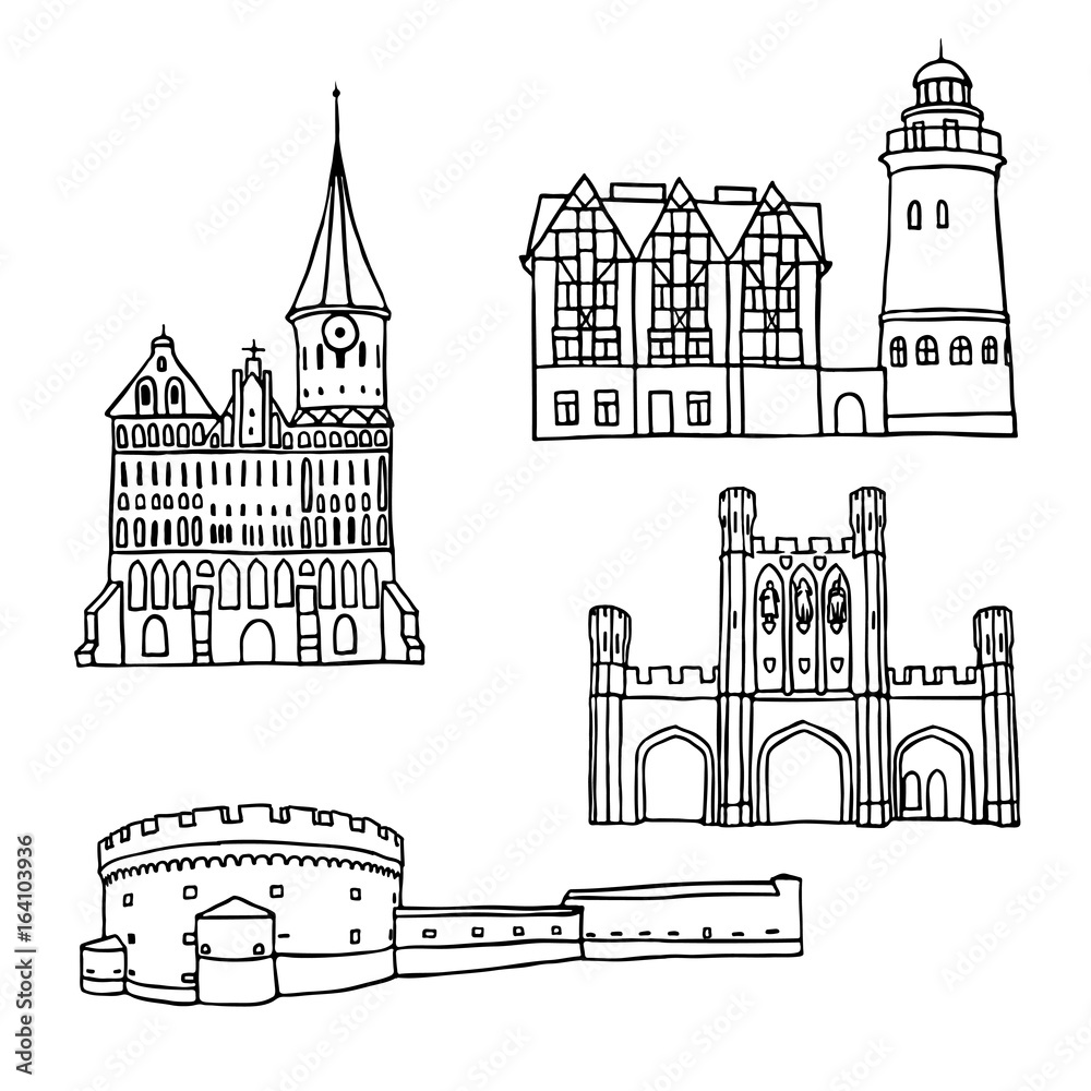 Black pen sketches and silhouettes of famous architecture. Set of the landmarks of Kaliningrad city, Russia. Vector illustration on white background.