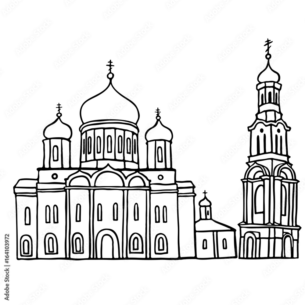 Black pen sketch of Russian orthodox church with belltower, Rostov-on-Don, Russia.. Vector illustration on white background.