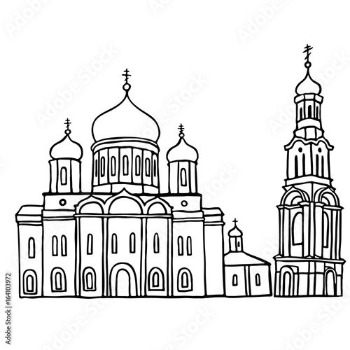 Black pen sketch of Russian orthodox church with belltower, Rostov-on-Don, Russia.. Vector illustration on white background.