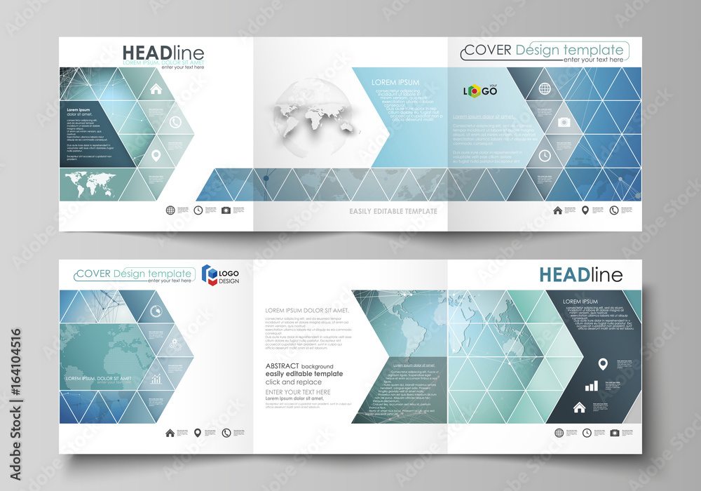 The minimalistic vector illustration of the editable layout. Two modern creative covers design templates for square brochure or flyer. Chemistry pattern, connecting lines and dots. Medical concept.