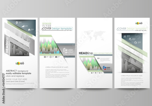 The minimalistic abstract vector illustration of the editable layout of four modern vertical banners, flyers design business templates. Rows of colored diagram with peaks of different height.