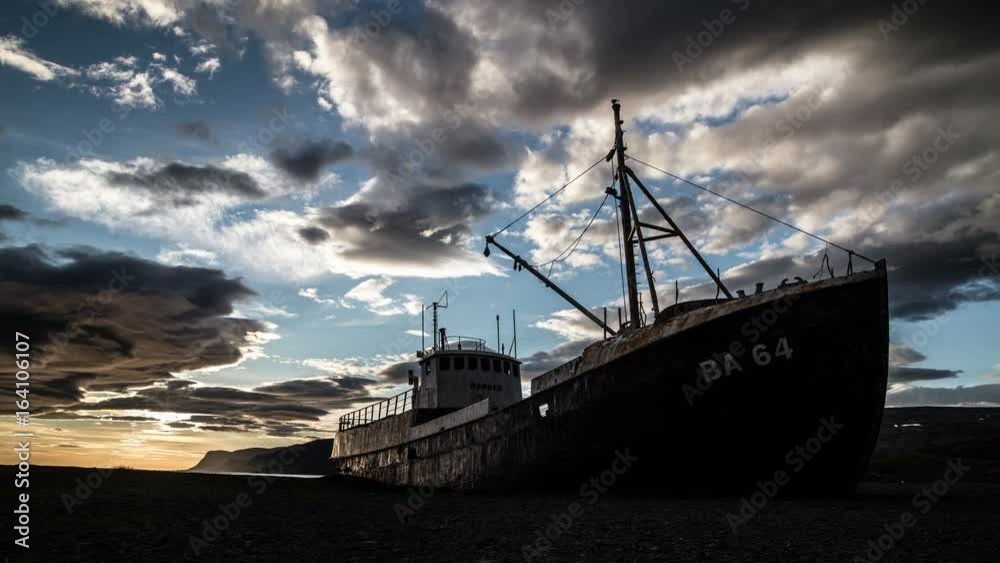 Icelandic shipwreck Patriksfjordur west fjords time lapse 4k Icelandic shipwreck Patriksfjordur west fjords time lapse 4k