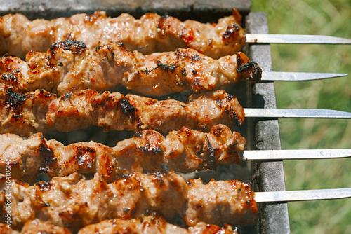 Shish kebab with  mix of spices on bbq