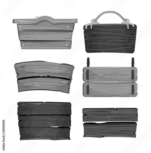 Cartoon Old wood board game set. Isolated black and white west wooden signboards or wood plank
