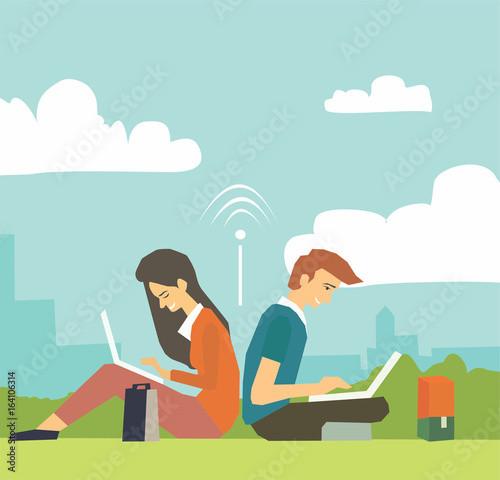 Young business couple sitting in green park and working with laptops. Work from anywhere wireless internet concept illustration vector.