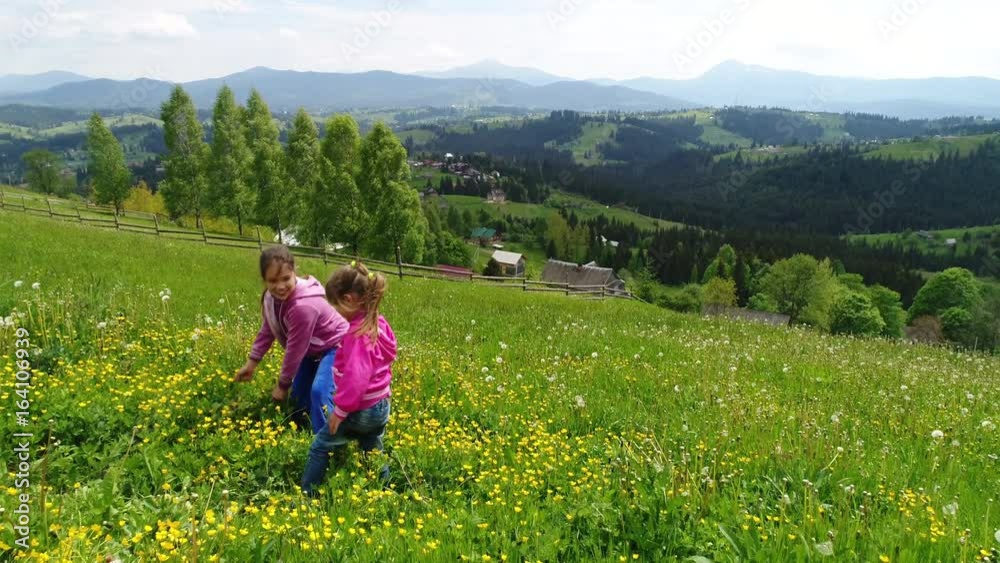 Children playing on a flowering lawn against the backdrop of the Carpathian Mountains Children playing on a flowering lawn against the backdrop of the Carpathian Mountains