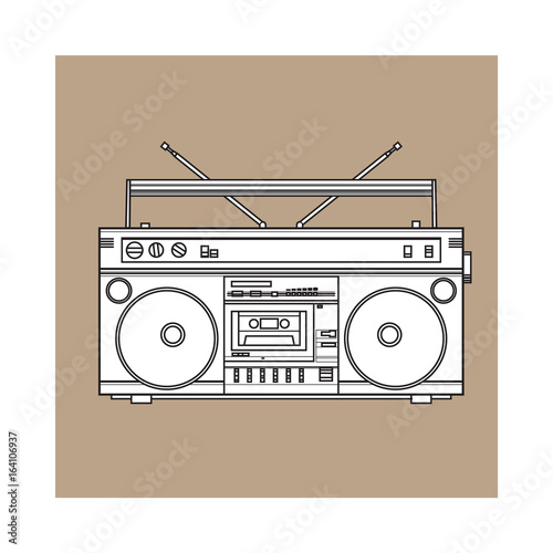 Old fashioned, retro style audio tape recorder, ghetto boom box from 90s, sketch vector illustration isolated on brown background. Front view of hand drawn audio tape recorder, boom box