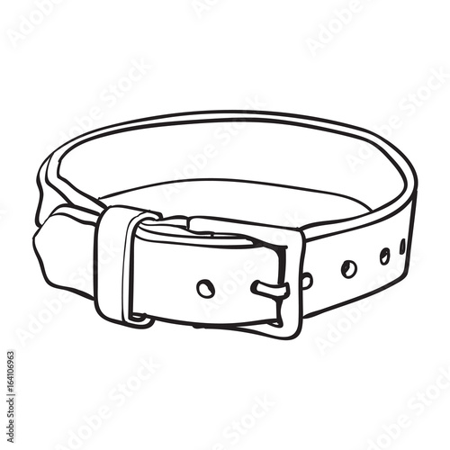 Pet, cat, dog brown leather collar with metal buckle, black and white sketch style vector illustration isolated on white background. Hand drawn pet, dog buckle collar made of thick leather