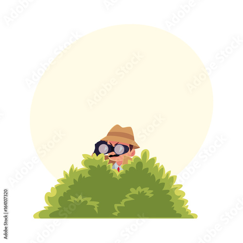 Funny detective character looking through binoculars from bush, spying, cartoon vector illustration with space for text. Full length portrait of funny detective character at surveillance work