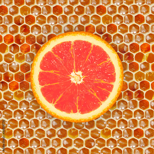 Healthy food, background. Orange Funny banner with section of wax honeycomb from a bee hive filled with golden honey. Vector