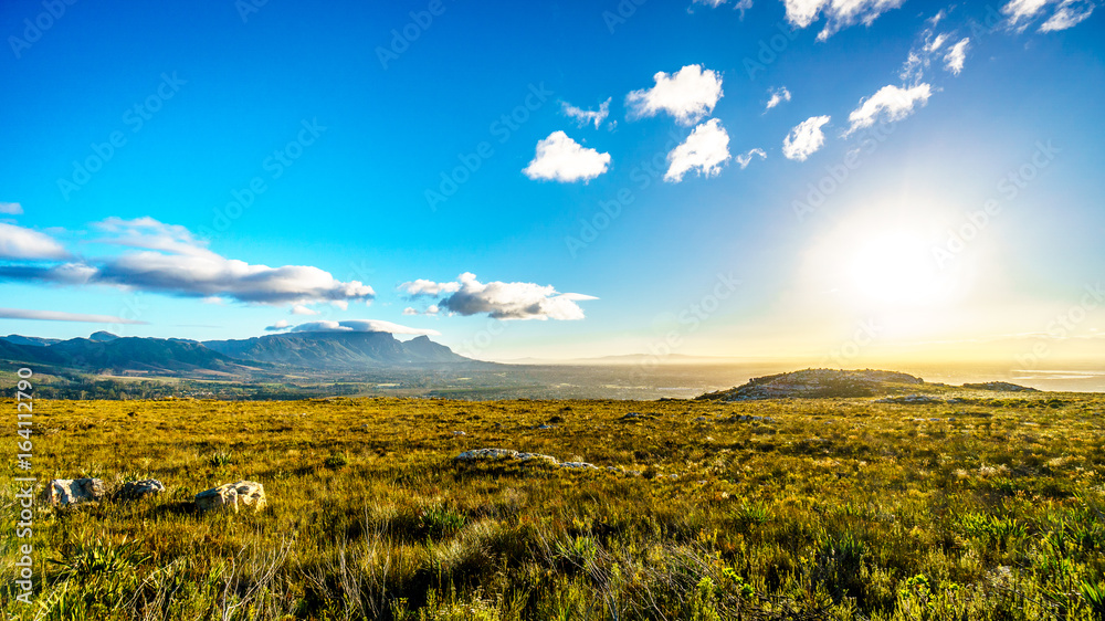Sunrise over the Western Cape with Cape Town and Table Mountain viewed from the Ou Kaapse Weg, Old Cape Road, on a clear winter morning