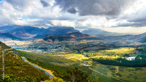 Franschhoek Valley in the Western Cape of South Africa with its many vineyards as seen from Franschhoek Pass in the Middagskransberg between the Franschhoek Valley and the Wemmershoek Mountains