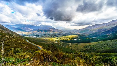 Franschhoek Valley in the Western Cape of South Africa with its many vineyards as seen from Franschhoek Pass in the Middagskransberg between the Franschhoek Valley and the Wemmershoek Mountains © hpbfotos