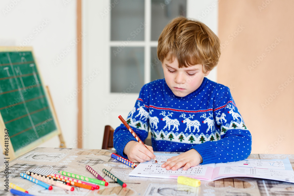 Happy school kid boy at home making homework Happy school kid boy at home making homework