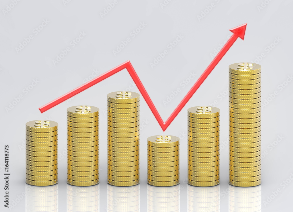 3d rendering. stack of coins with rise down and up at the final graph. finally success concept 3d rendering. stack of coins with rise down and up at the final graph. finally success concept